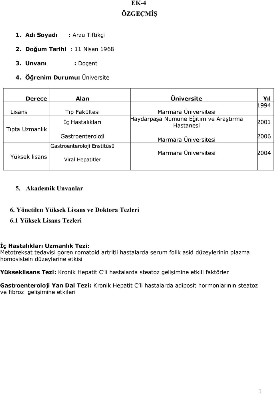 Gastroenteroloji Marmara Üniversitesi 2006 Gastroenteroloji Enstitüsü Yüksek lisans Marmara Üniversitesi 2004 Viral Hepatitler 5. Akademik Unvanlar 6. Yönetilen Yüksek Lisans ve Doktora Tezleri 6.