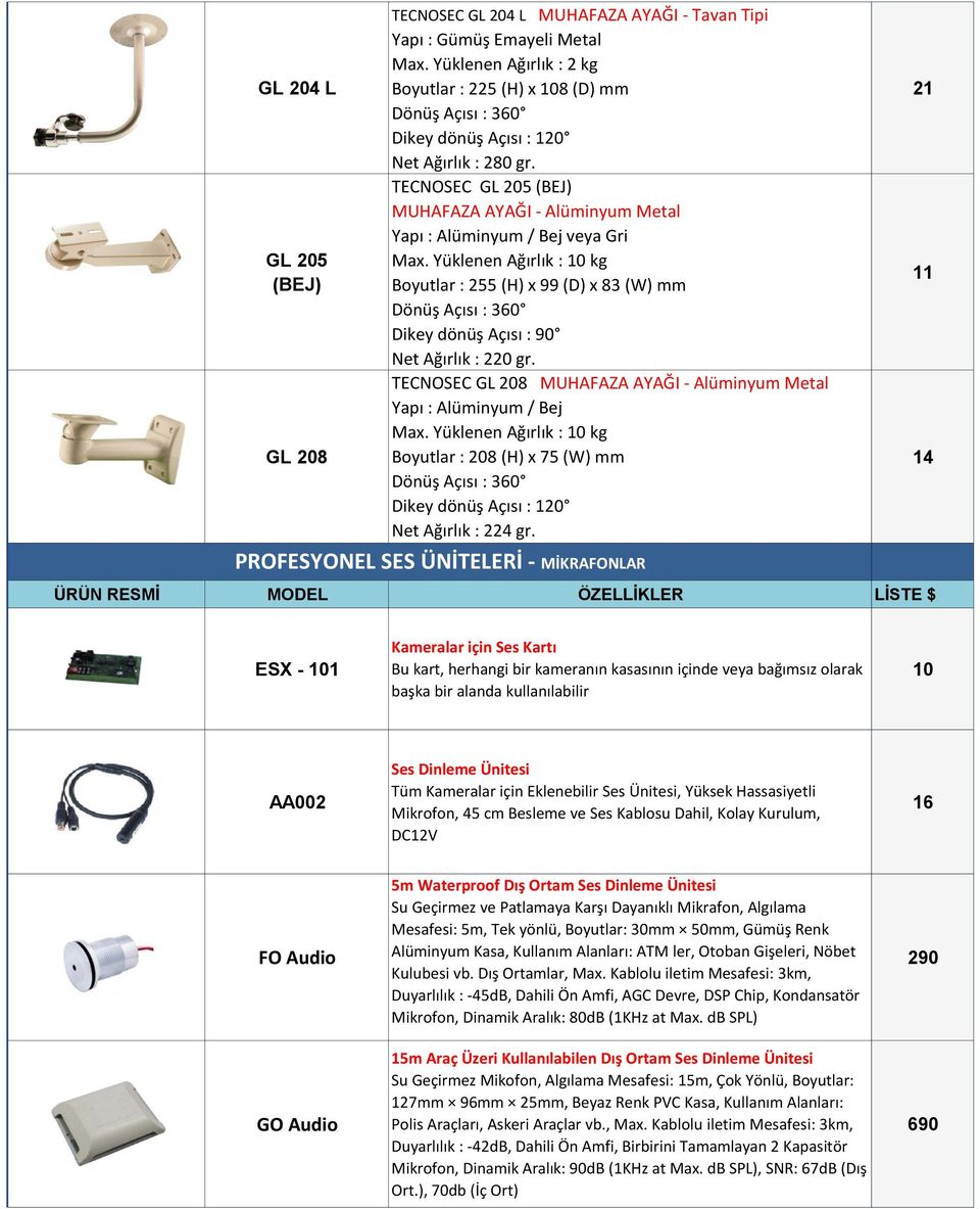 Yüklenen Ağırlık : 10 kg Boyutlar : 255 (H) x 99 (D) x 83 (W) mm Net Ağırlık : 220 gr. TECNOSEC GL 208 MUHAFAZA AYAĞI - Alüminyum Metal Yapı : Alüminyum / Bej Max.