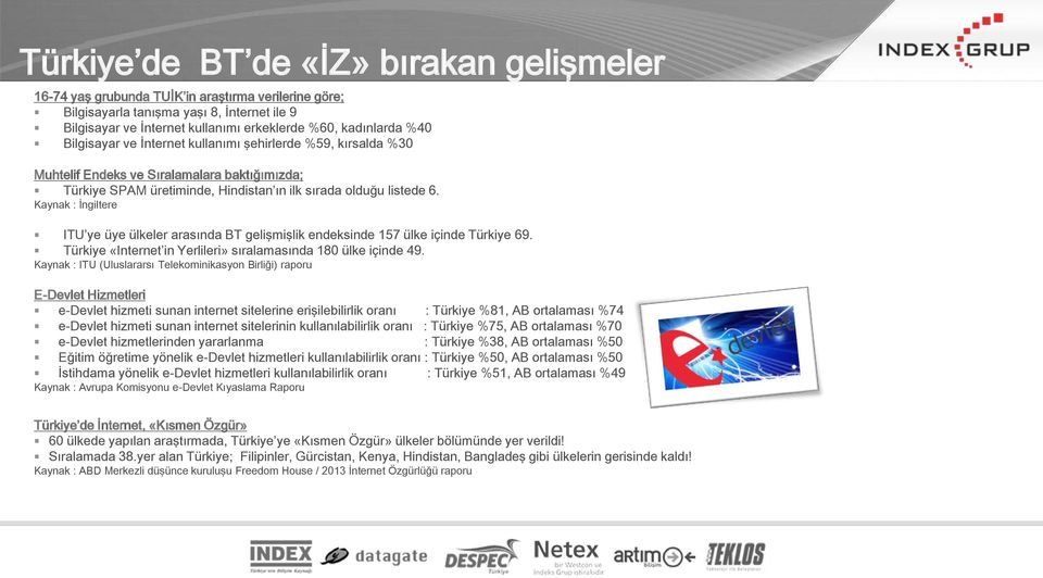 Kaynak : İngiltere ITU ye üye ülkeler arasında BT gelişmişlik endeksinde 157 ülke içinde Türkiye 69. Türkiye «Internet in Yerlileri» sıralamasında 180 ülke içinde 49.