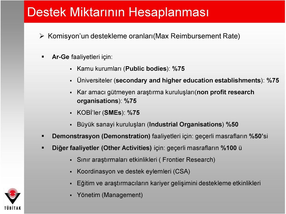 (Industrial Organisations) %50 Demonstrasyon (Demonstration) faaliyetleri için: geçerli masrafların %50 si Diğer faaliyetler (Other Activities) için: geçerli masrafların %100