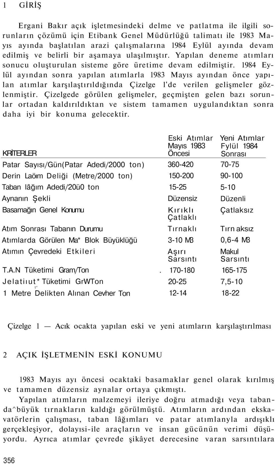 1984 Eylül ayından sonra yapılan atımlarla 1983 Mayıs ayından önce yapılan atımlar karşılaştırıldığında Çizelge l'de verilen gelişmeler gözlenmiştir.