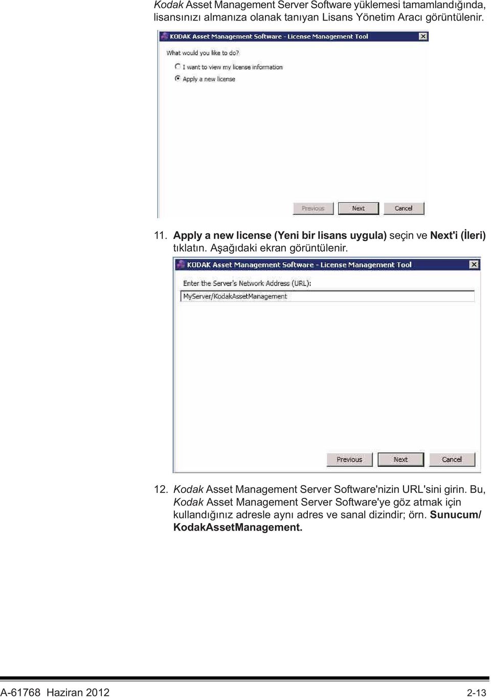 A a daki ekran görüntülenir. 12. Kodak Asset Management Server Software'nizin URL'sini girin.