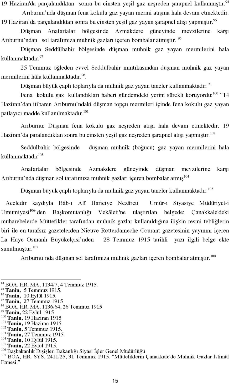 95 Düşman Anafartalar bölgesinde Azmakdere güneyinde mevzilerine karşı Arıburnu ndan sol tarafımıza muhnik gazları içeren bombalar atmıştır.