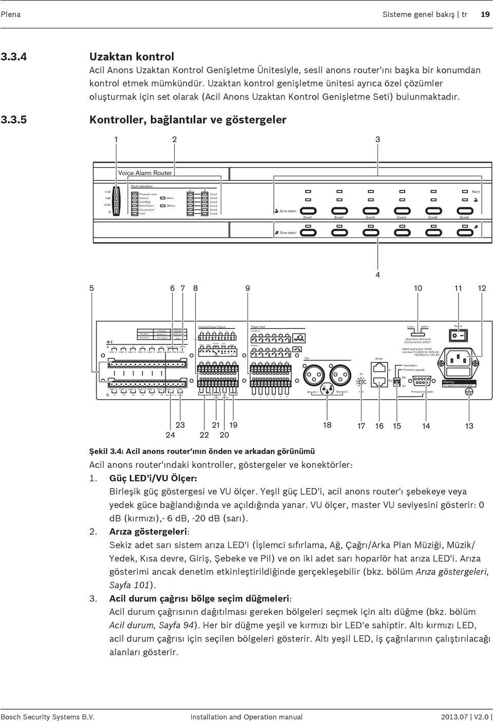 Kontroller, bağlantılar ve göstergeler 1 2 3 Plena Voice Alarm Router Fault Indicators 0 db Processor reset A B Zone1 Alarm -6dB Network Mains Zone2-20dB Call/EMG Music/Spare Battery Zone3 Zone4