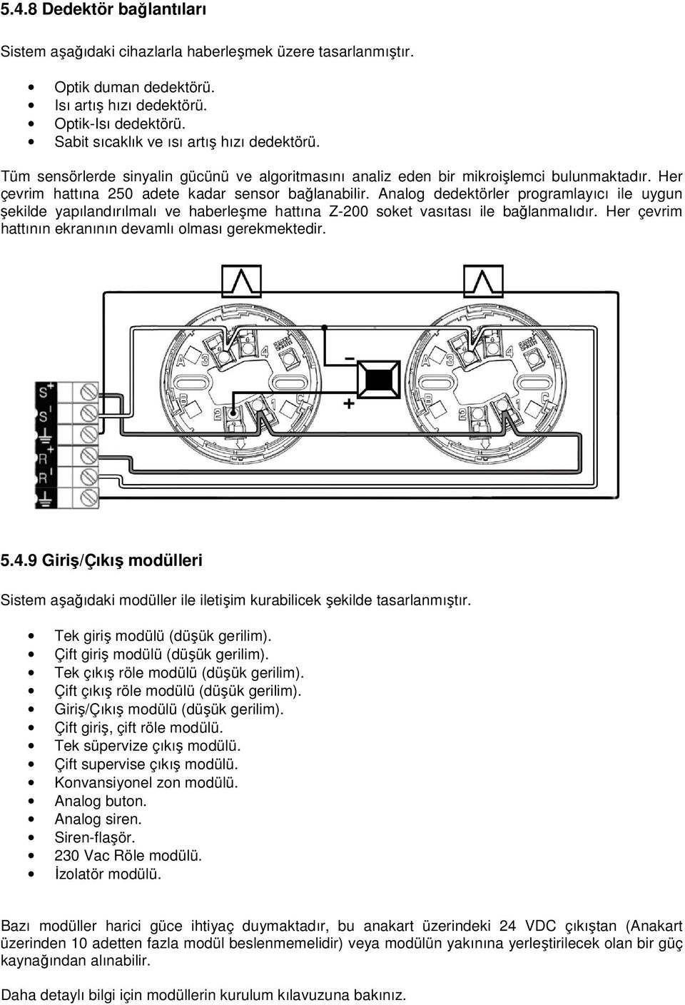 Analog dedektörler programlayıcı ile uygun şekilde yapılandırılmalı ve haberleşme hattına Z-200 soket vasıtası ile bağlanmalıdır. Her çevrim hattının ekranının devamlı olması gerekmektedir. 5.4.