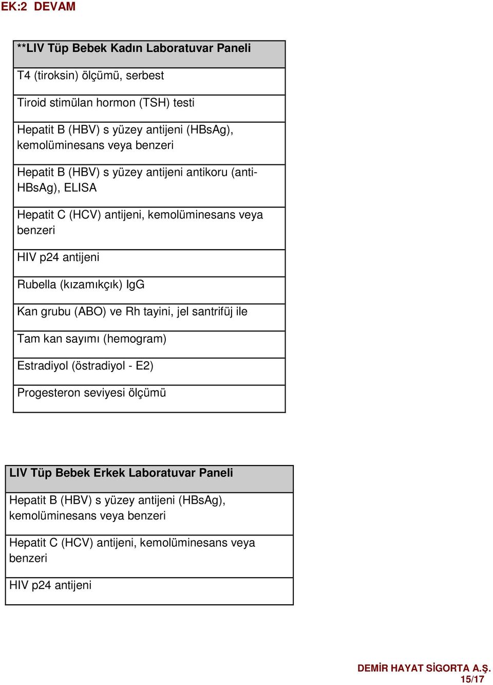 Rubella (kızamıkçık) IgG Kan grubu (ABO) ve Rh tayini, jel santrifüj ile Tam kan sayımı (hemogram) Estradiyol (östradiyol - E2) Progesteron seviyesi ölçümü LIV Tüp