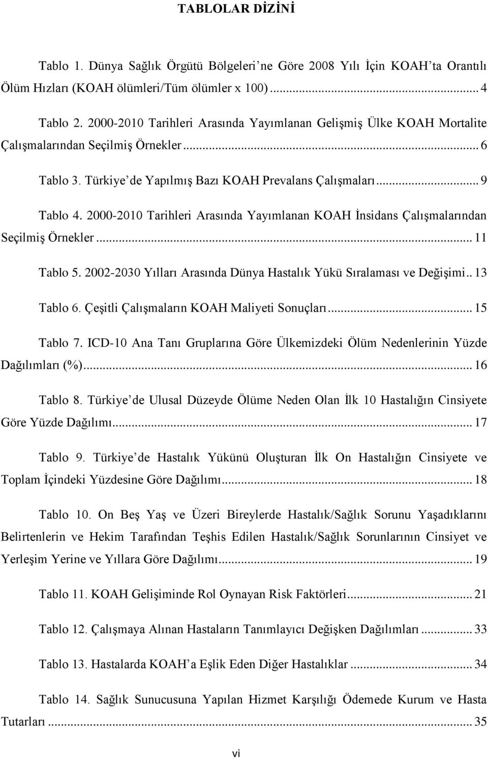 2000-2010 Tarihleri Arasında Yayımlanan KOAH İnsidans Çalışmalarından Seçilmiş Örnekler... 11 Tablo 5. 2002-2030 Yılları Arasında Dünya Hastalık Yükü Sıralaması ve Değişimi.. 13 Tablo 6.