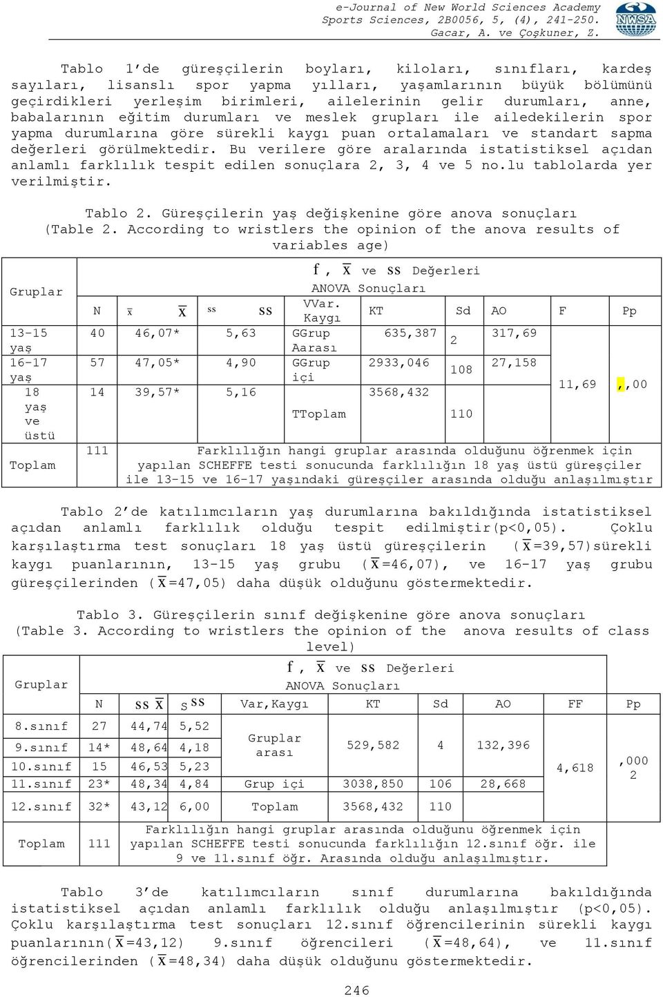 Bu verilere göre aralarında istatistiksel açıdan anlamlı farklılık tespit edilen sonuçlara 2, 3, 4 ve 5 no.lu tablolarda yer verilmiştir. Tablo 2.