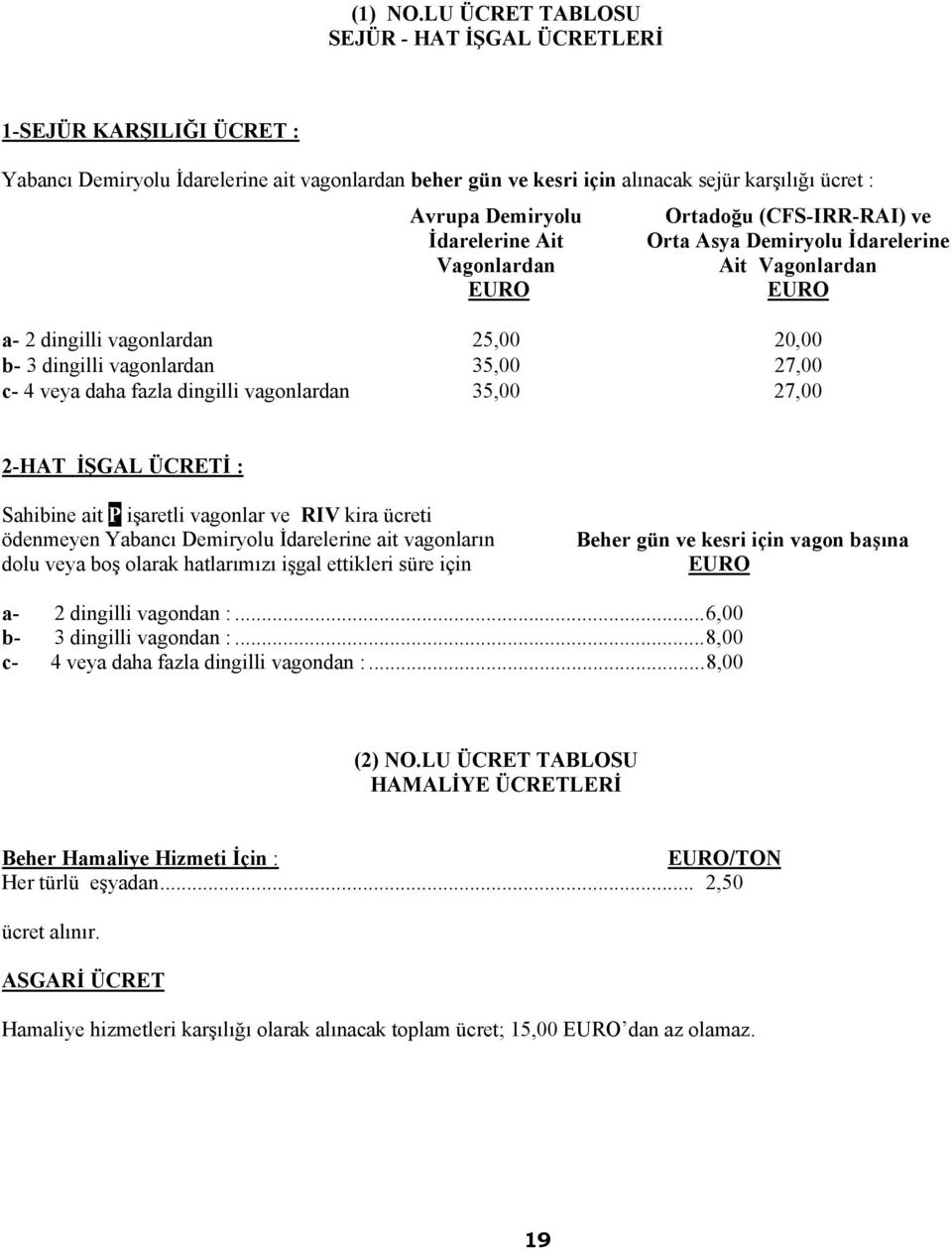 İdarelerine Ait Vagonlardan EURO Ortadoğu (CFS-IRR-RAI) ve Orta Asya Demiryolu İdarelerine Ait Vagonlardan EURO a- 2 dingilli vagonlardan 25,00 20,00 b- 3 dingilli vagonlardan 35,00 27,00 c- 4 veya