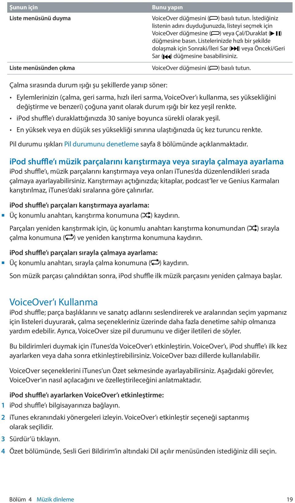 Listelerinizde hızlı bir şekilde dolaşmak için Sonraki/İleri Sar ( ) veya Önceki/Geri Sar ( ) düğmesine basabilirsiniz. Liste menüsünden çıkma VoiceOver düğmesini ( ) basılı tutun.