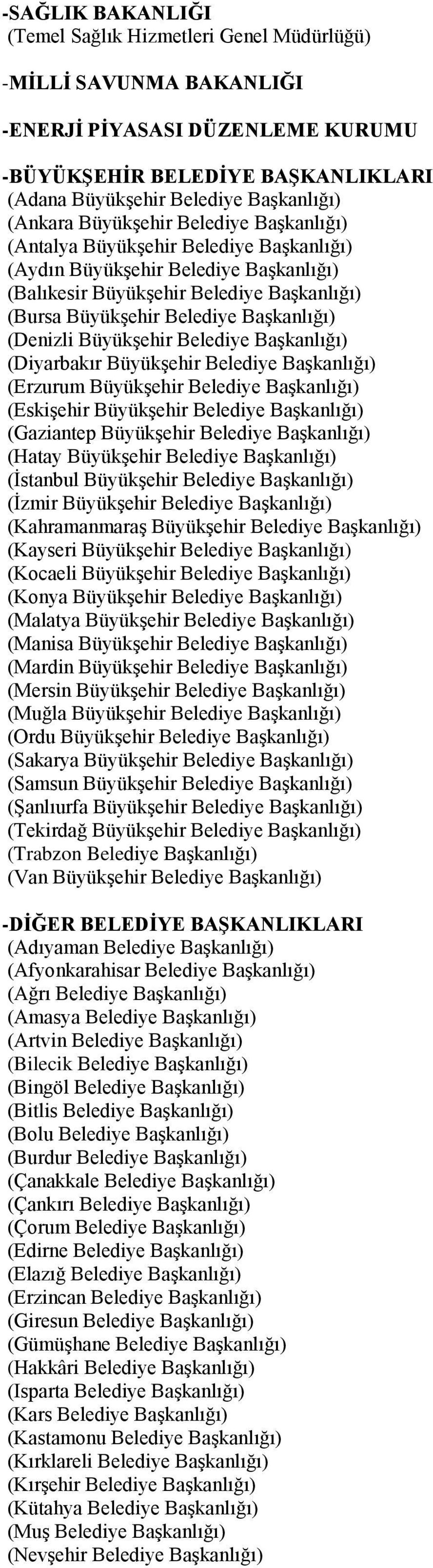 Başkanlığı) (Denizli Büyükşehir Belediye Başkanlığı) (Diyarbakır Büyükşehir Belediye Başkanlığı) (Erzurum Büyükşehir Belediye Başkanlığı) (Eskişehir Büyükşehir Belediye Başkanlığı) (Gaziantep