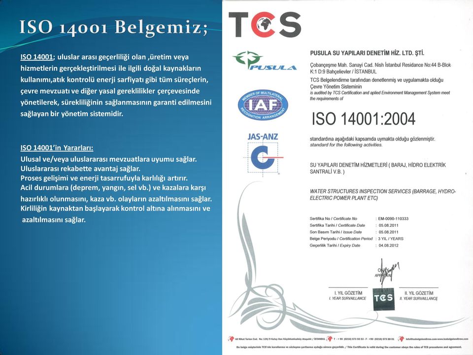 ISO 14001 in Yararları: Ulusal ve/veya uluslararası mevzuatlara uyumu sağlar. Uluslararası rekabette avantaj sağlar. Proses gelişimi ve enerji tasarrufuyla karlılığı artırır.