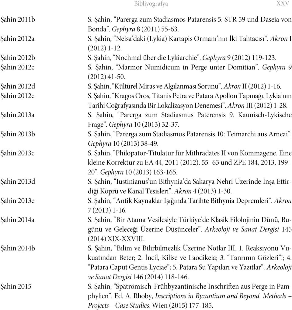 Şahin, Marmor Numidicum in Perge unter Domitian. Gephyra 9 (2012) 41-50. Şahin 2012d S. Şahin, Kültürel Miras ve Algılanması Sorunu. Akron II (2012) 1-16. Şahin 2012e S.