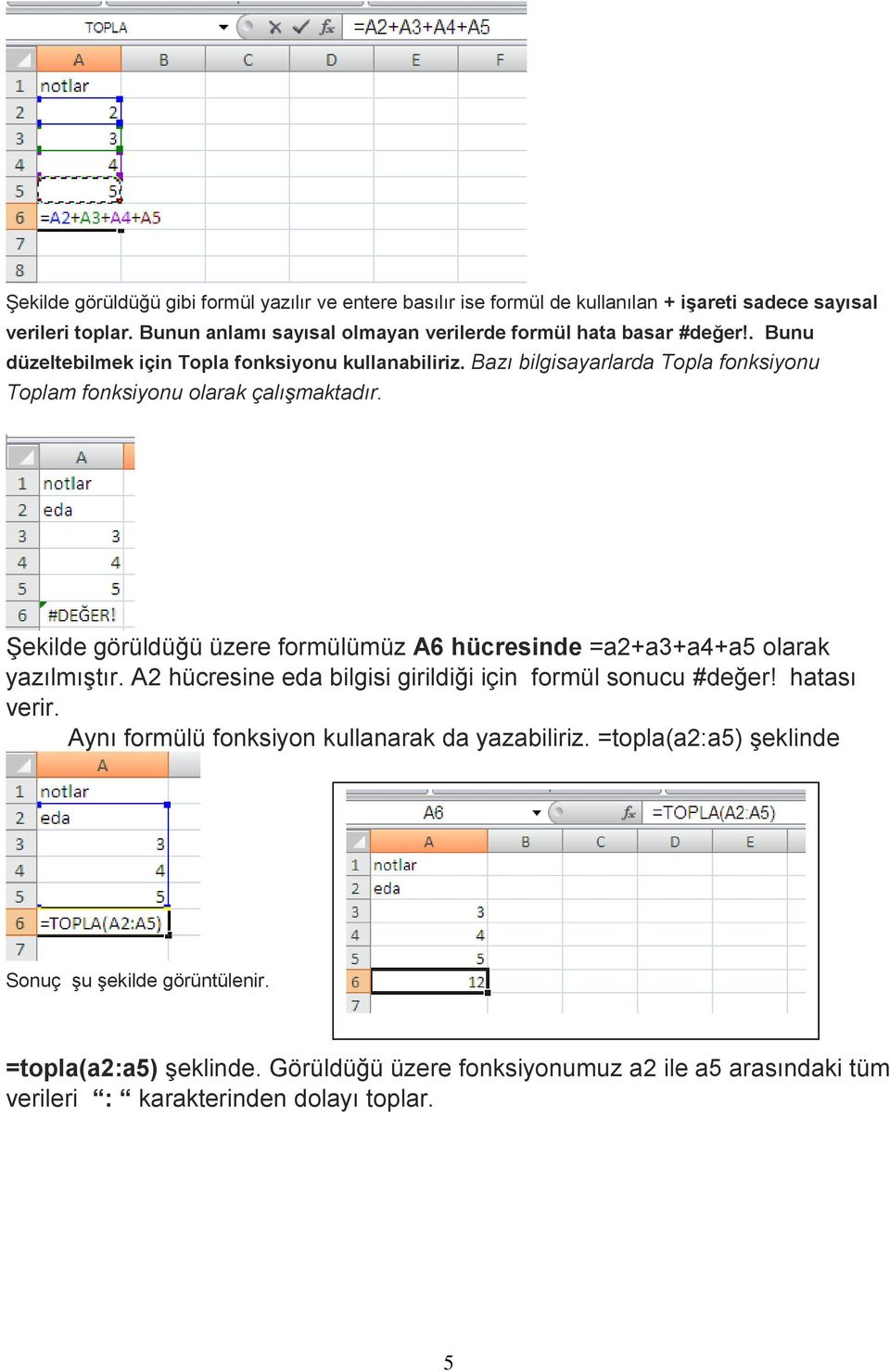 Bazı bilgisayarlarda Topla fonksiyonu Toplam fonksiyonu olarak çalışmaktadır. Şekilde görüldüğü üzere formülümüz A6 hücresinde =a2+a3+a4+a5 olarak yazılmıştır.