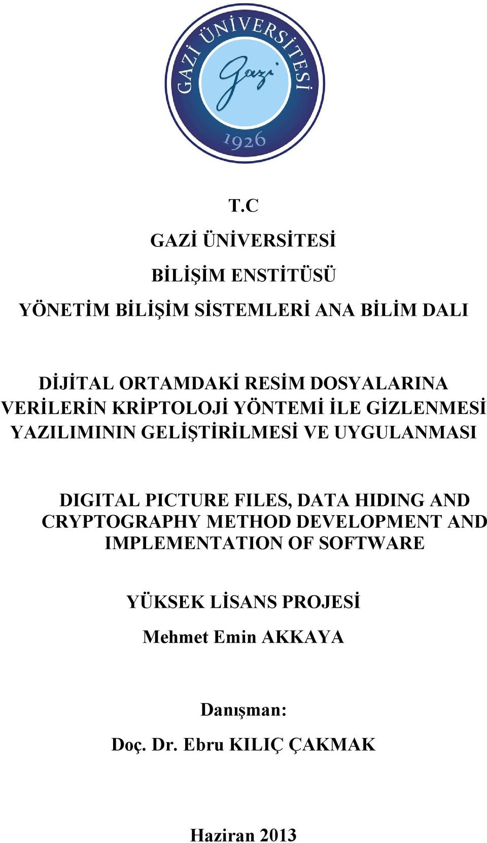 VE UYGULANMASI DIGITAL PICTURE FILES, DATA HIDING AND CRYPTOGRAPHY METHOD DEVELOPMENT AND