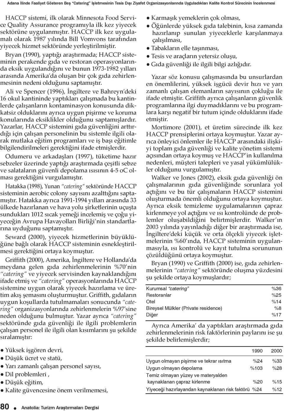 Bryan (1990), yaptığı araştırmada; HACCP sisteminin perakende gıda ve restoran operasyonlarında eksik uygulandığını ve bunun 1973-1982 yılları arasında Amerika da oluşan bir çok gıda zehirlenmesinin