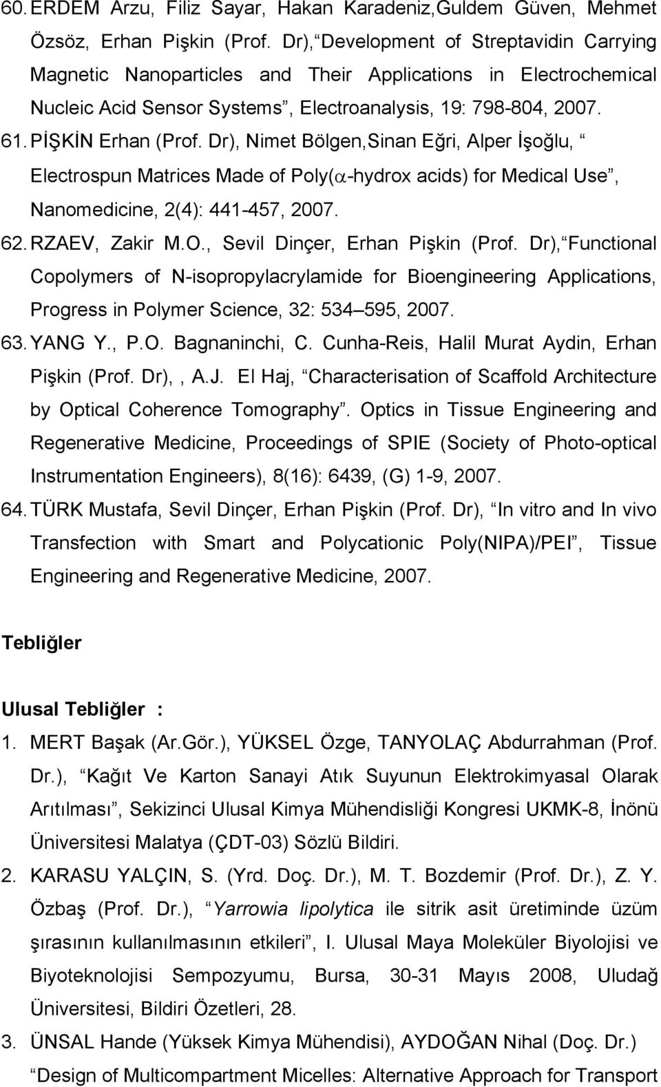 Dr), Nimet Bölgen,Sinan Eğri, Alper İşoğlu, Electrospun Matrices Made of Poly( -hydrox acids) for Medical Use, Nanomedicine, 2(4): 441-457, 2007. 62. RZAEV, Zakir M.O.