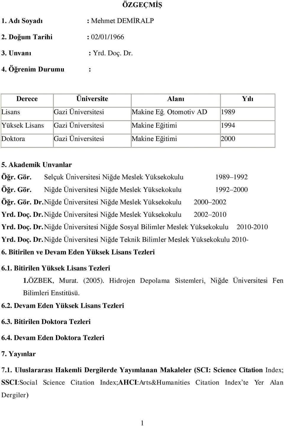 Selçuk Üniversitesi Niğde Meslek Yüksekokulu 1989 1992 Öğr. Gör. Niğde Üniversitesi Niğde Meslek Yüksekokulu 1992 2000 Öğr. Gör. Dr. Niğde Üniversitesi Niğde Meslek Yüksekokulu 2000 2002 Yrd. Doç. Dr. Niğde Üniversitesi Niğde Meslek Yüksekokulu 2002 2010 Yrd.