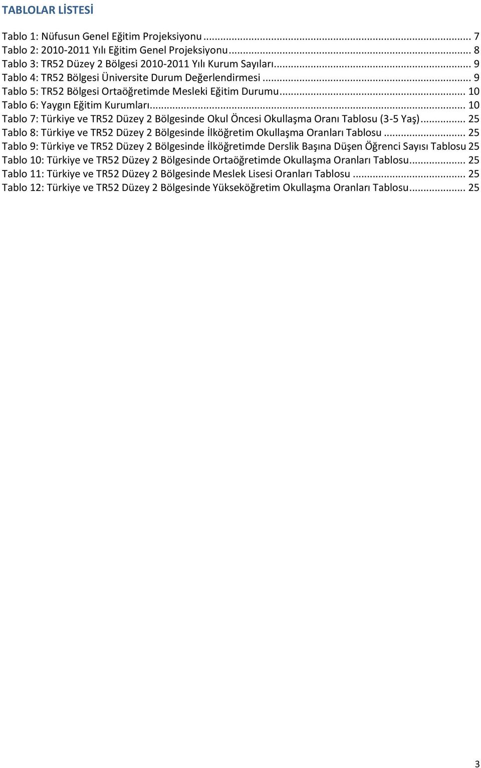 .. 10 Tablo 7: Türkiye ve TR52 Düzey 2 Bölgesinde Okul Öncesi Okullaşma Oranı Tablosu (3-5 Yaş)... 25 Tablo 8: Türkiye ve TR52 Düzey 2 Bölgesinde İlköğretim Okullaşma Oranları Tablosu.