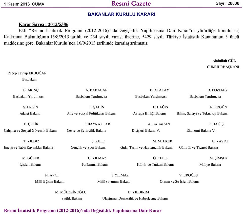 Recep Tyip ERDOĞAN Başbakan Abdullah GÜL CUMHURBAŞKANI B. ARINÇ A. BABACAN B. ATALAY B. BOZDAĞ Başbakan Yardımcısı Başbakan Yardımcısı Başbakan Yardımcısı Başbakan Yardımcısı S. ERGİN F. ŞAHİN E.