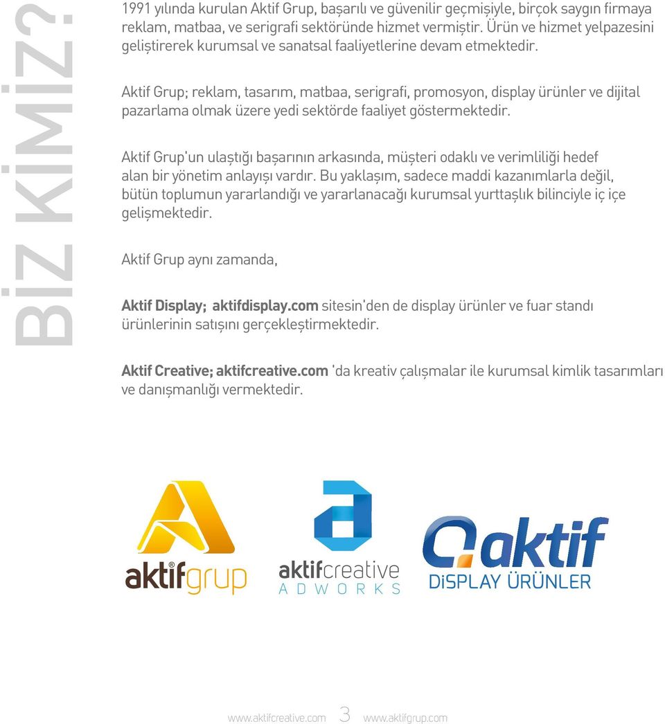 Aktif Grup; reklam, tasarım, matbaa, serigrafi, promosyon, display ürünler ve dijital pazarlama olmak üzere yedi sektörde faaliyet göstermektedir.