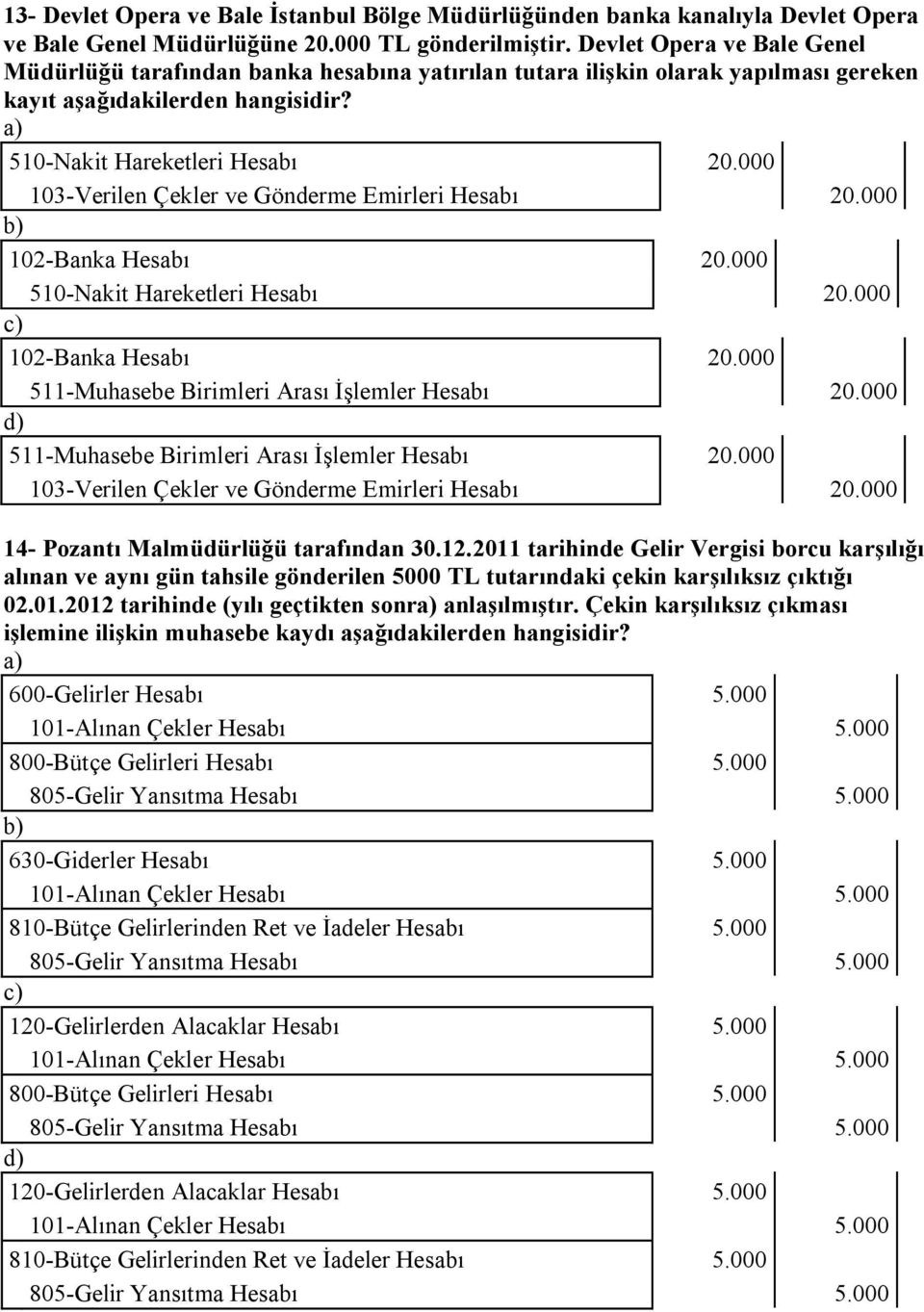 000 103-Verilen Çekler ve Gönderme Emirleri Hesabı 20.000 102-Banka Hesabı 20.000 510-Nakit Hareketleri Hesabı 20.000 102-Banka Hesabı 20.000 511-Muhasebe Birimleri Arası İşlemler Hesabı 20.