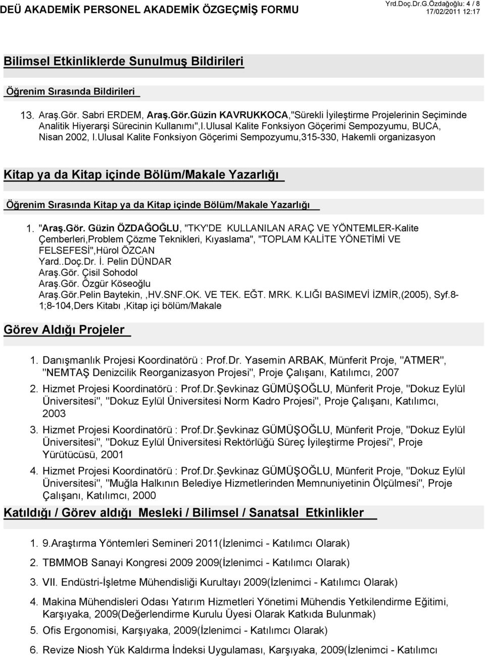 Ulusal Kalite Fonksiyon Göçerimi Sempozyumu,315-330, Hakemli organizasyon Kitap ya da Kitap içinde Bölüm/Makale Yazarlığı Öğrenim Sırasında Kitap ya da Kitap içinde Bölüm/Makale Yazarlığı "Araş.Gör.