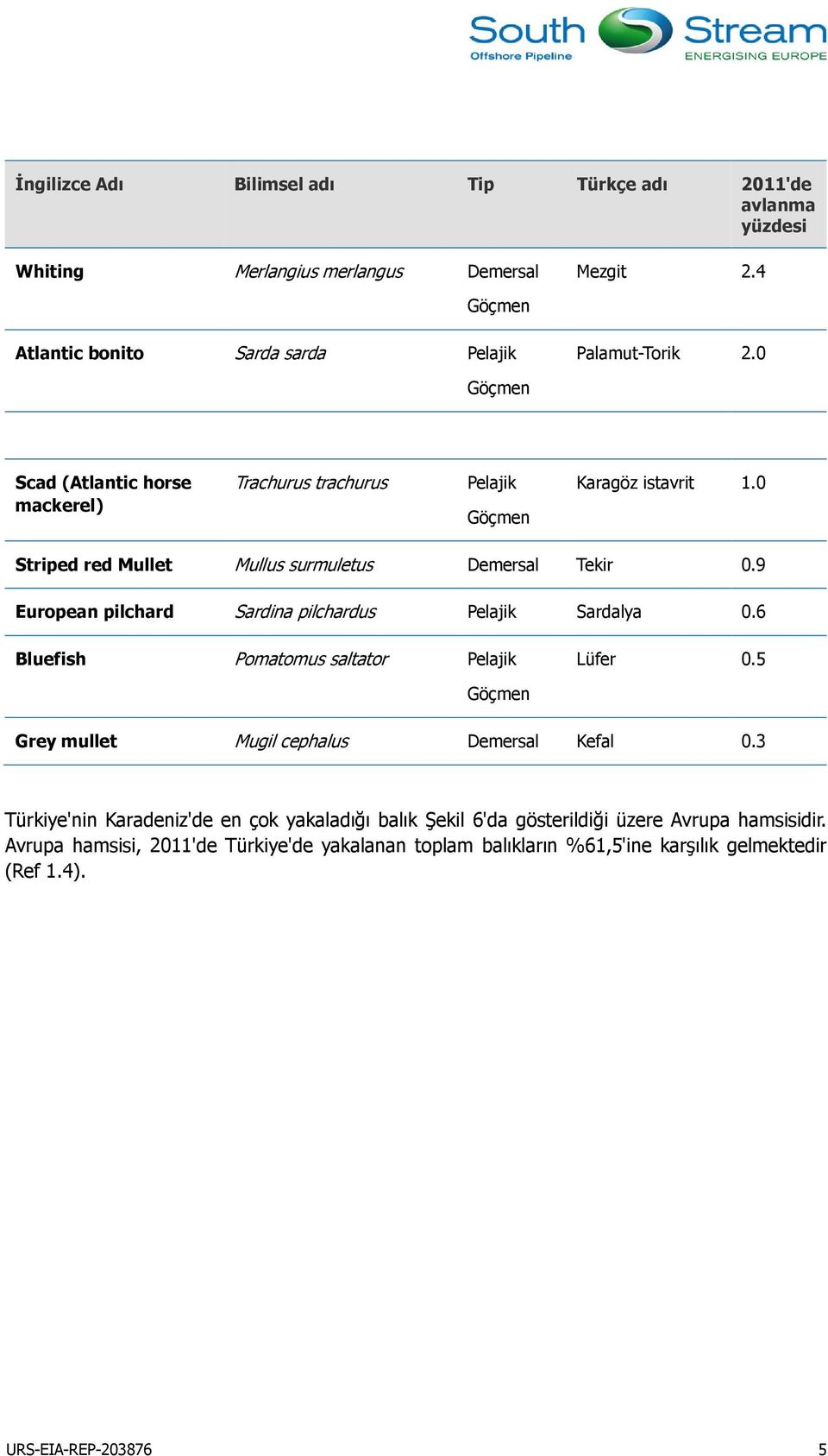 9 European pilchard Sardina pilchardus Pelajik Sardalya 0.6 Bluefish Pomatomus saltator Pelajik Lüfer 0.5 Göçmen Grey mullet Mugil cephalus Demersal Kefal 0.