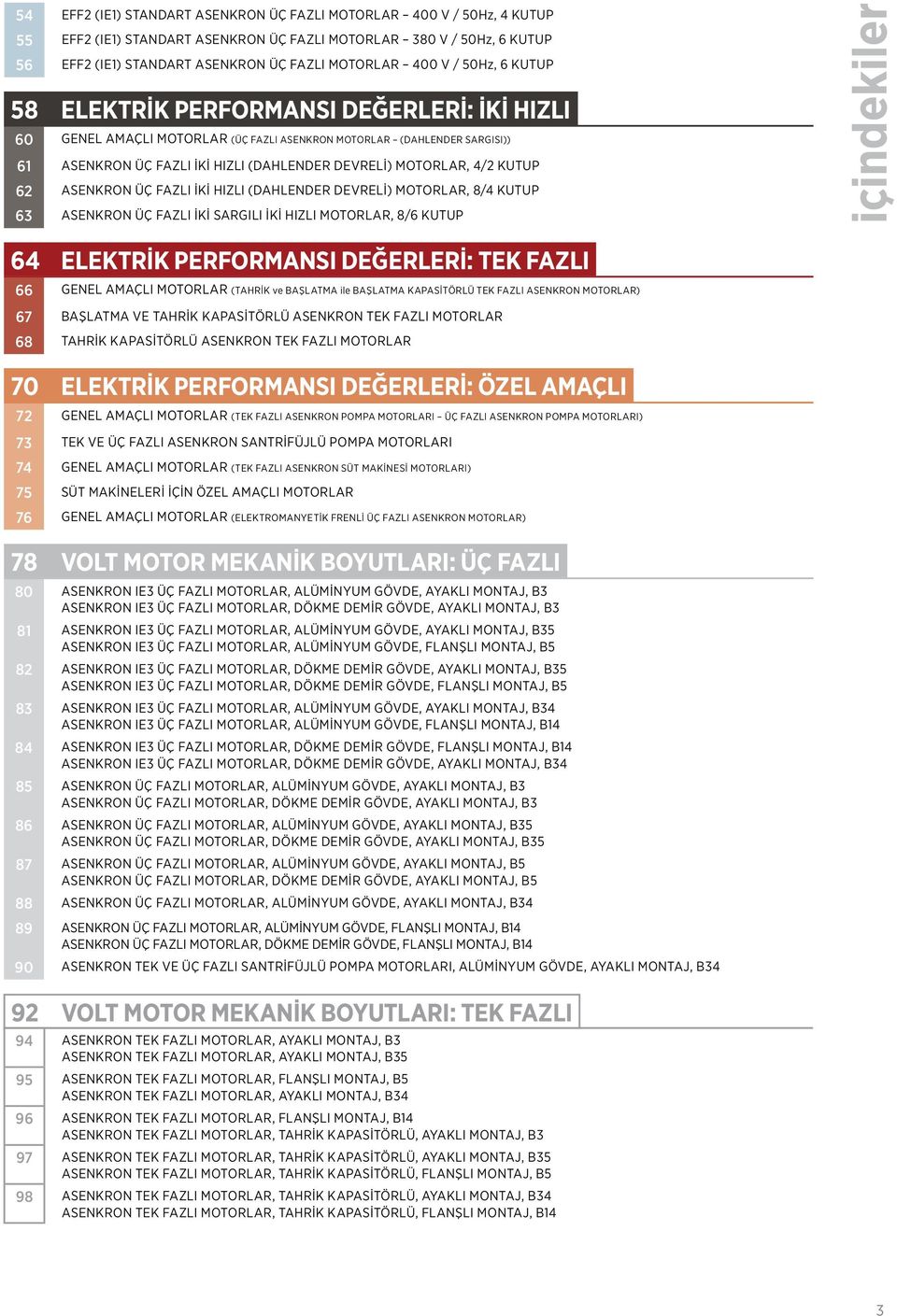 KUTUP 62 ASENKRON ÜÇ FAZLI İKİ HIZLI (DAHLENDER DEVRELİ) MOTORLAR, 8/4 KUTUP 63 ASENKRON ÜÇ FAZLI İKİ SARGILI İKİ HIZLI MOTORLAR, 8/6 KUTUP içindekiler 64 ELEKTRİK PERFORMANSI DEĞERLERİ: TEK FAZLI 66