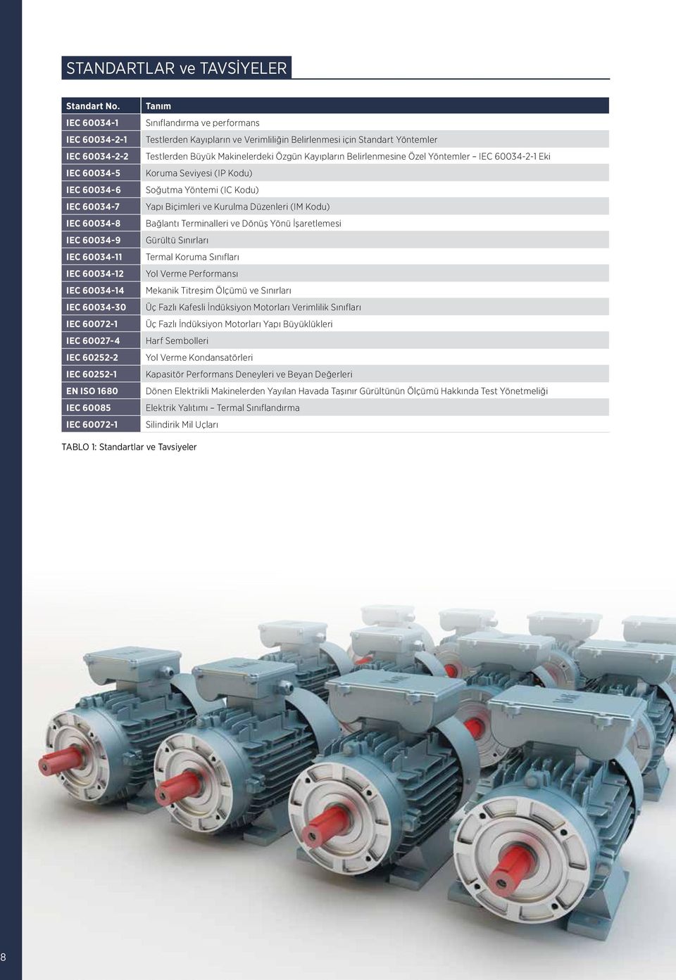 EN ISO 1680 IEC 60085 IEC 60072-1 Tanım Sınıflandırma ve performans Testlerden Kayıpların ve Verimliliğin Belirlenmesi için Standart Yöntemler Testlerden Büyük Makinelerdeki Özgün Kayıpların