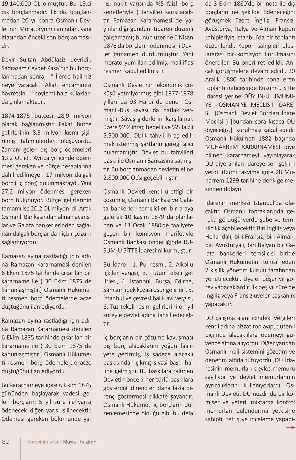 1874-1875 bütçesi 28,9 milyon olarak bağlanmıştır. Fakat bütçe gelirlerinin 8,3 milyon kısmı şişirilmiş tahminlerden oluşuyordu. Zamanı gelen dış borç ödemeleri 13.2 OL idi.