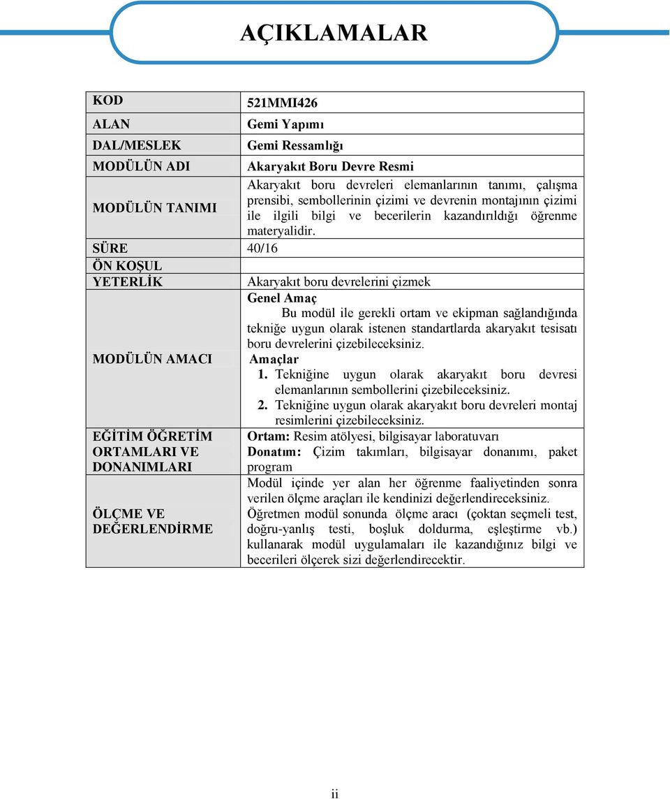 SÜRE 40/16 ÖN KOŞUL YETERLİK Akaryakıt boru devrelerini çizmek Genel Amaç Bu modül ile gerekli ortam ve ekipman sağlandığında tekniğe uygun olarak istenen standartlarda akaryakıt tesisatı boru