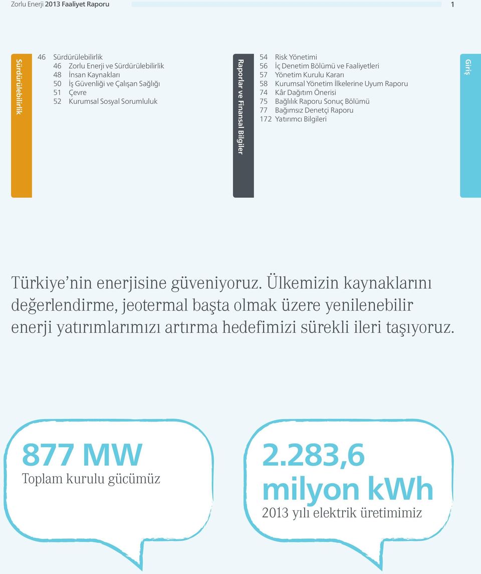 Kâr Dağıtım Önerisi 75 Bağlılık Raporu Sonuç Bölümü 77 Bağımsız Denetçi Raporu 172 Yatırımcı Bilgileri Giriş Türkiye nin enerjisine güveniyoruz.