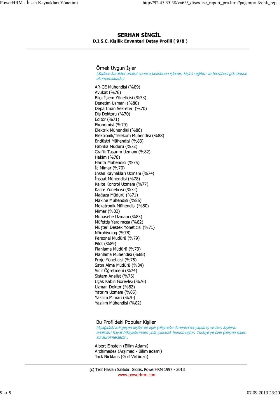 Bilgi İşlem Yöneticisi (%73) Denetim Uzmanı (%80) Departman Sekreteri (%70) Diş Doktoru (%70) Editör (%71) Ekonomist (%79) Elektrik Mühendisi (%86) Elektronik/Telekom Mühendisi (%88) Endüstri