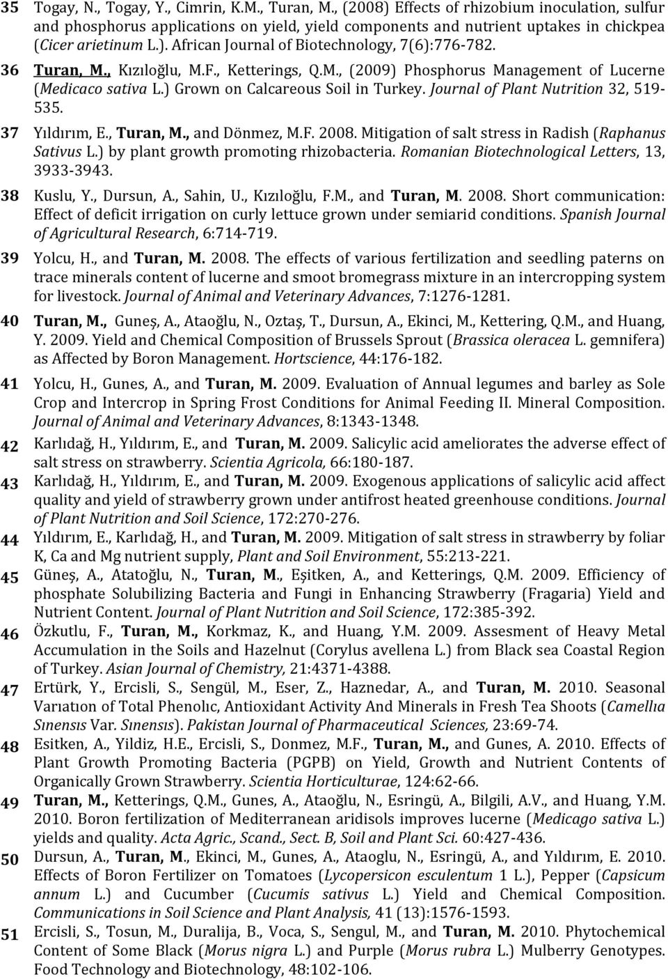 36 Turan, M., Kızıloğlu, M.F., Ketterings, Q.M., (2009) Phosphorus Management of Lucerne (Medicaco sativa L.) Grown on Calcareous Soil in Turkey. Journal of Plant Nutrition 32, 519-535.