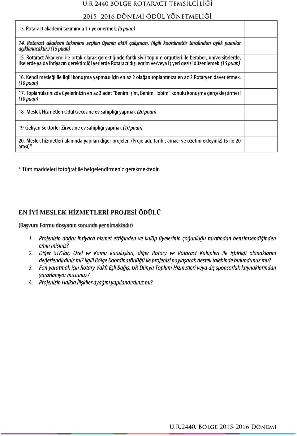 düzenlemek (15 puan) 16. Kendi mesleği ile ilgili konuşma yapması için en az 2 olağan toplantınıza en az 2 Rotaryen davet etmek. (10 puan) 17.