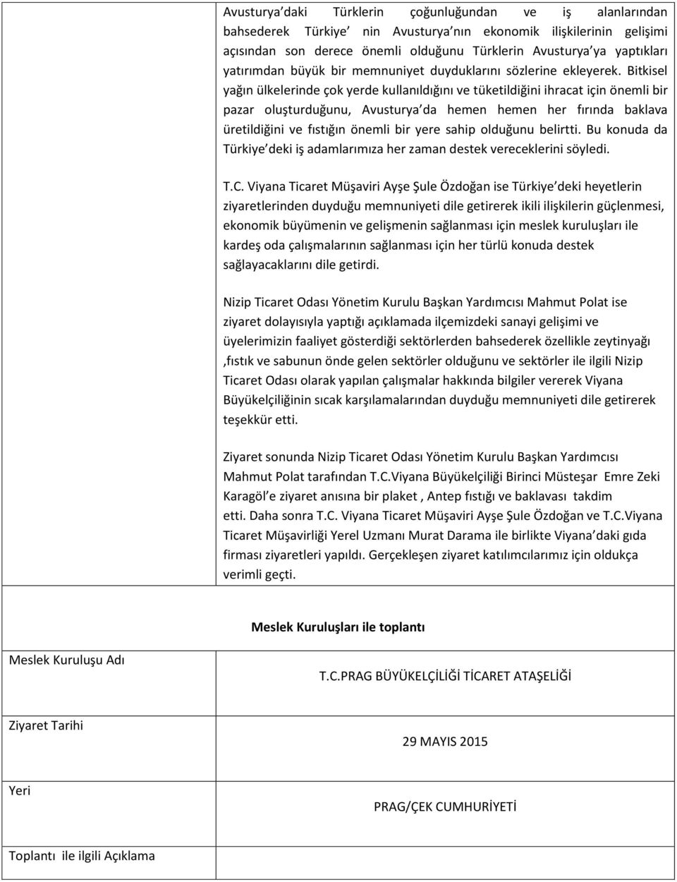 Bitkisel yağın ülkelerinde çok yerde kullanıldığını ve tüketildiğini ihracat için önemli bir pazar oluşturduğunu, Avusturya da hemen hemen her fırında baklava üretildiğini ve fıstığın önemli bir yere