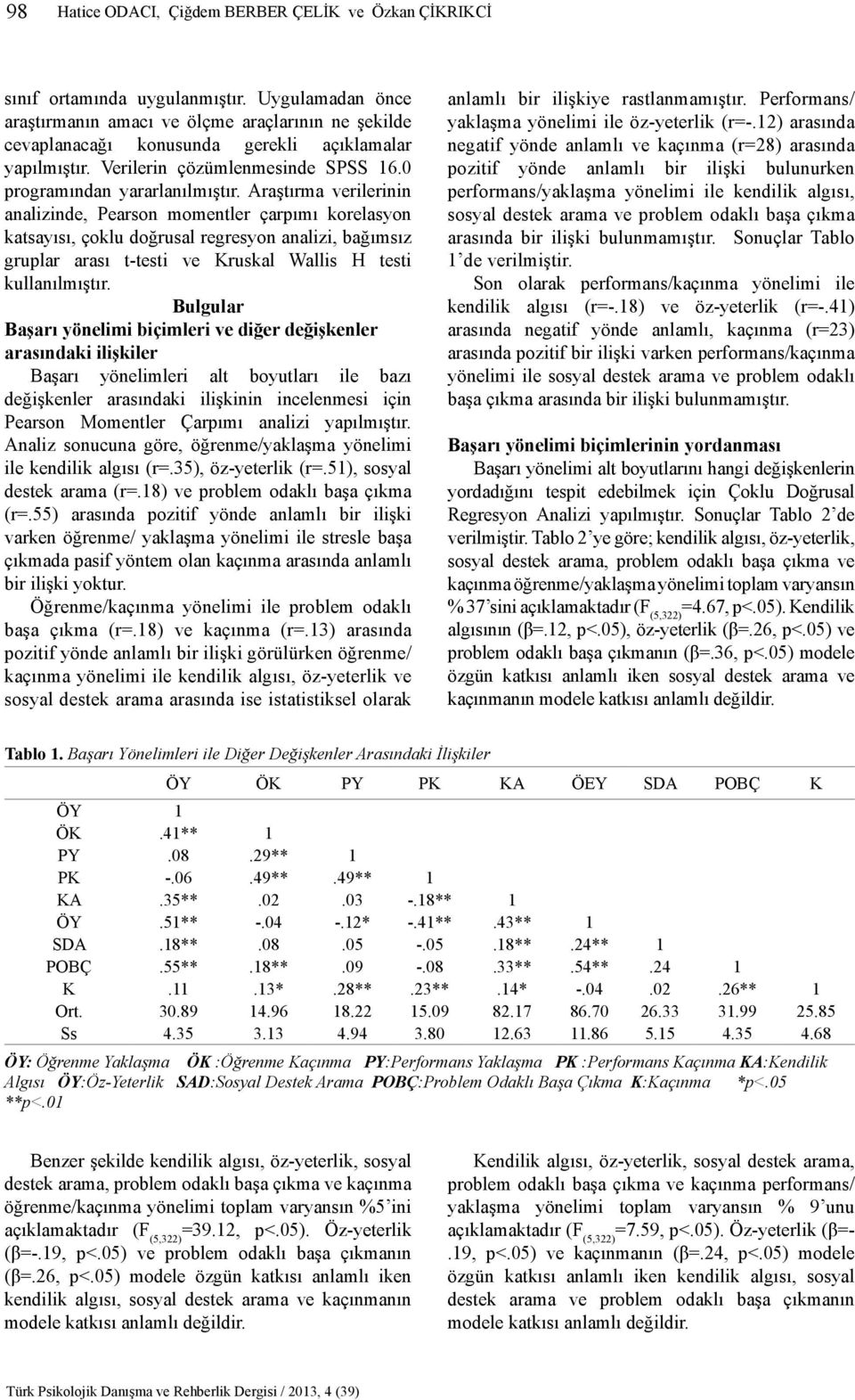 Araştırma verilerinin analizinde, Pearson momentler çarpımı korelasyon katsayısı, çoklu doğrusal regresyon analizi, bağımsız gruplar arası t-testi ve Kruskal Wallis H testi kullanılmıştır.