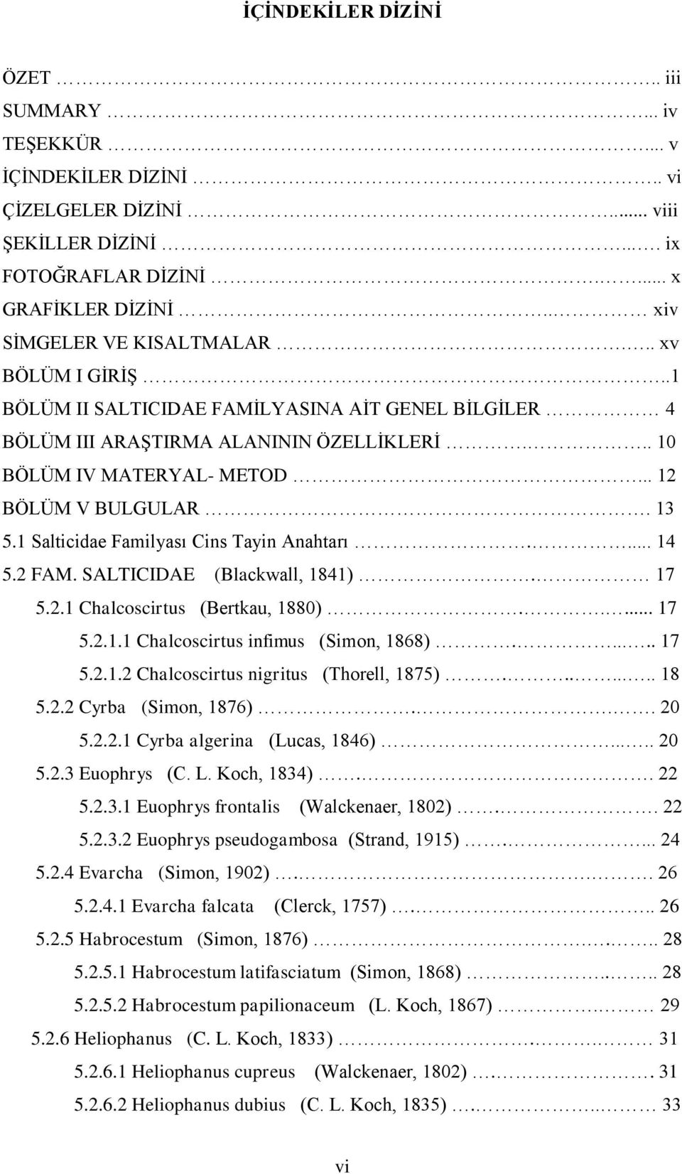 13 5.1 Salticidae Familyası Cins Tayin Anahtarı.... 14 5.2 FAM. SALTICIDAE (Blackwall, 1841). 17 5.2.1 Chalcoscirtus (Bertkau, 1880)..... 17 5.2.1.1 Chalcoscirtus infimus (Simon, 1868)...... 17 5.2.1.2 Chalcoscirtus nigritus (Thorell, 1875).