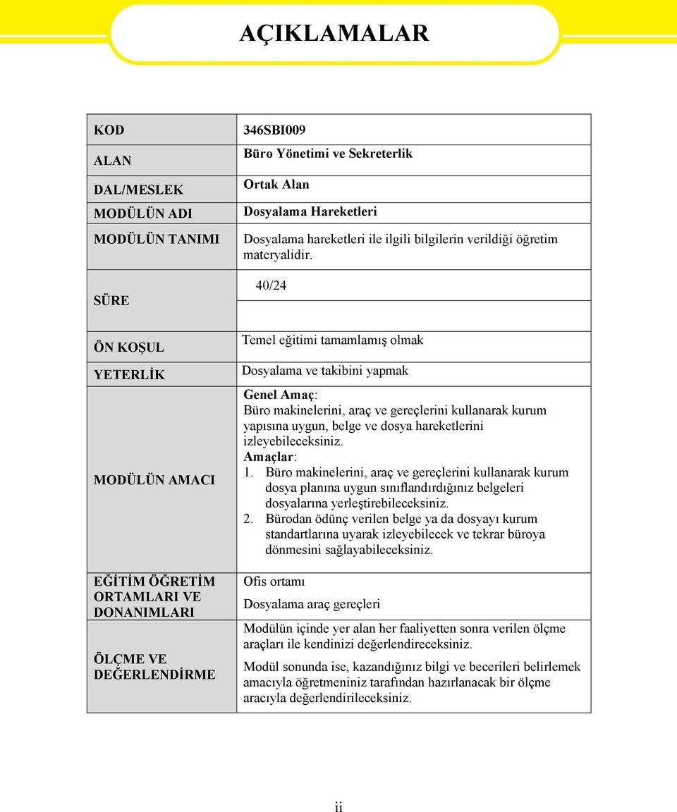 40/24 Temel eğitimi tamamlamış olmak Dosyalama ve takibini yapmak Genel Amaç: Büro makinelerini, araç ve gereçlerini kullanarak kurum yapısına uygun, belge ve dosya hareketlerini izleyebileceksiniz.