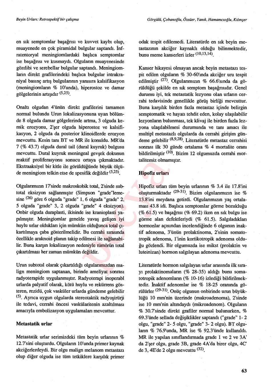 Meningiomlann direkt grafilerindeki ba şlıca bulgular intrakraniyal bas ınç artış bulgulann ın yanısıra kalsifikasyon (meningiomlann % 10'unda), hiperostoz ve damar gölgelerinin artışıdır (5 '25).