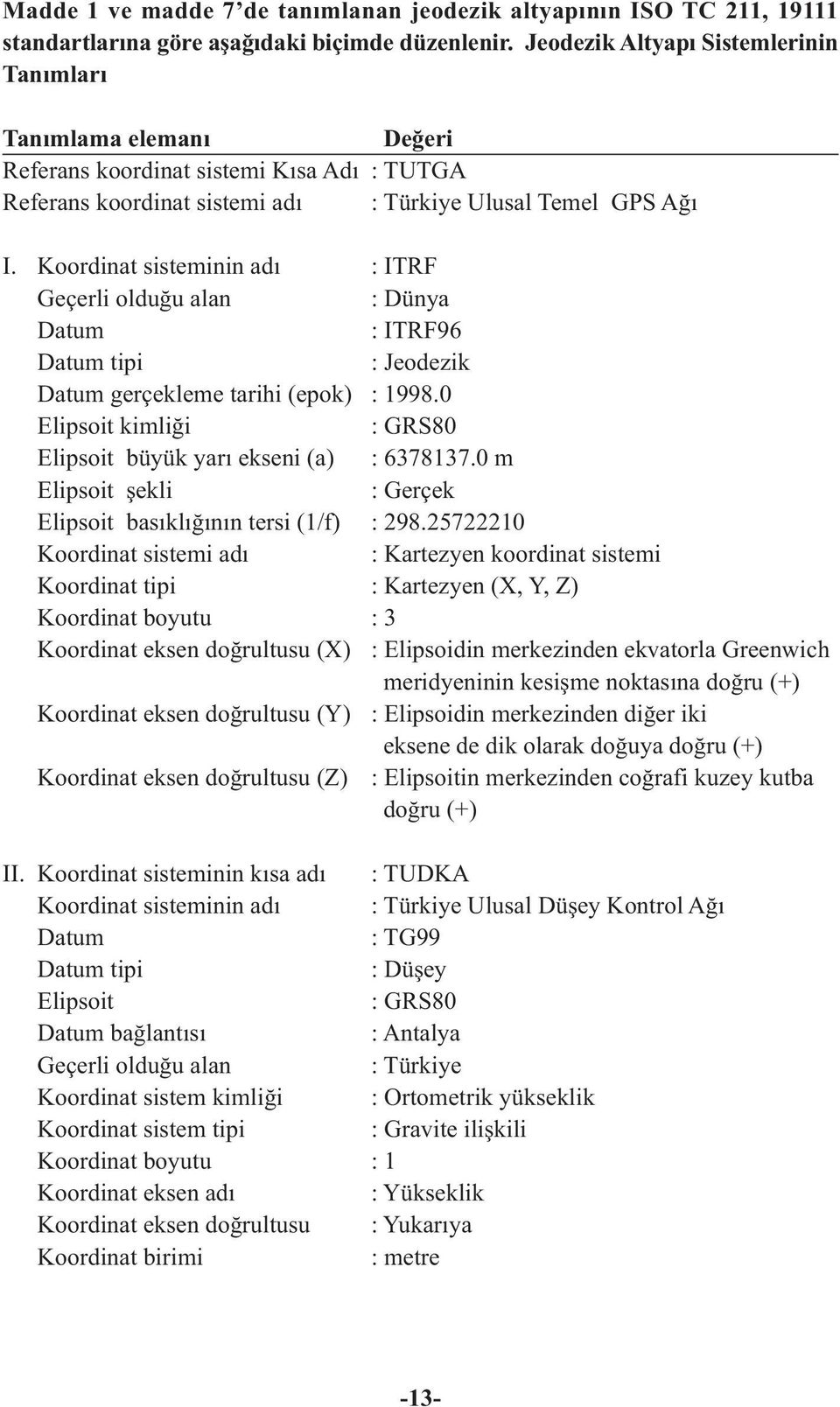 Koordinat sisteminin adý : ITRF Geçerli olduðu alan : Dünya Datum : ITRF96 Datum tipi : Jeodezik Datum gerçekleme tarihi (epok) : 1998.