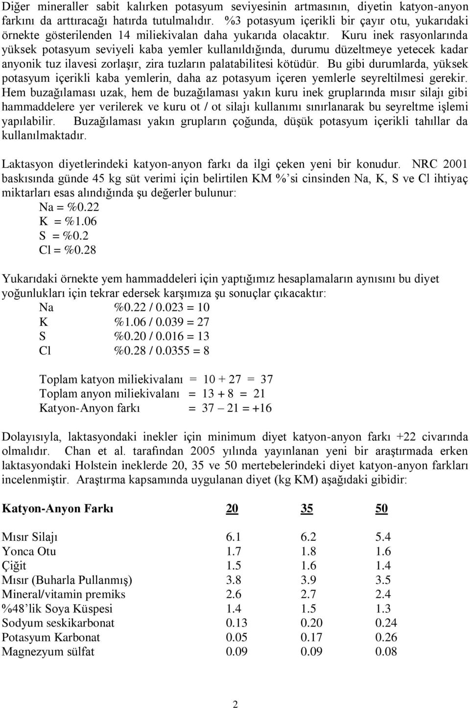 Kuru inek rasyonlarında yüksek potasyum seviyeli kaba yemler kullanıldığında, durumu düzeltmeye yetecek kadar anyonik tuz ilavesi zorlaşır, zira tuzların palatabilitesi kötüdür.