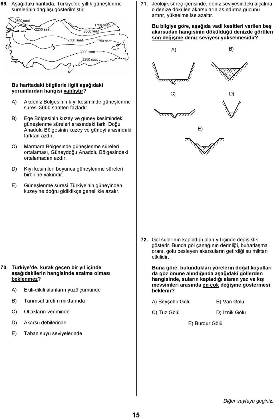 Bu bilgiye göre, aşağıda vadi kesitleri verilen beş akarsudan hangisinin döküldüğü denizde görülen son değişme deniz seviyesi yükselmesidir?