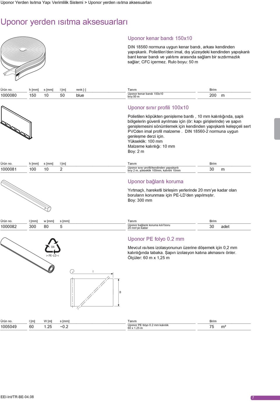 h [mm] s [mm] l [m] renk [-] Tanım Birim 1000080 150 10 50 blue Uponor kenar bandı 150x10 boy:50 m 200 m Uponor sınır profi li 100x10 Polietilen köpükten genişleme bantlı, 10 mm kalınlığında, şaplı