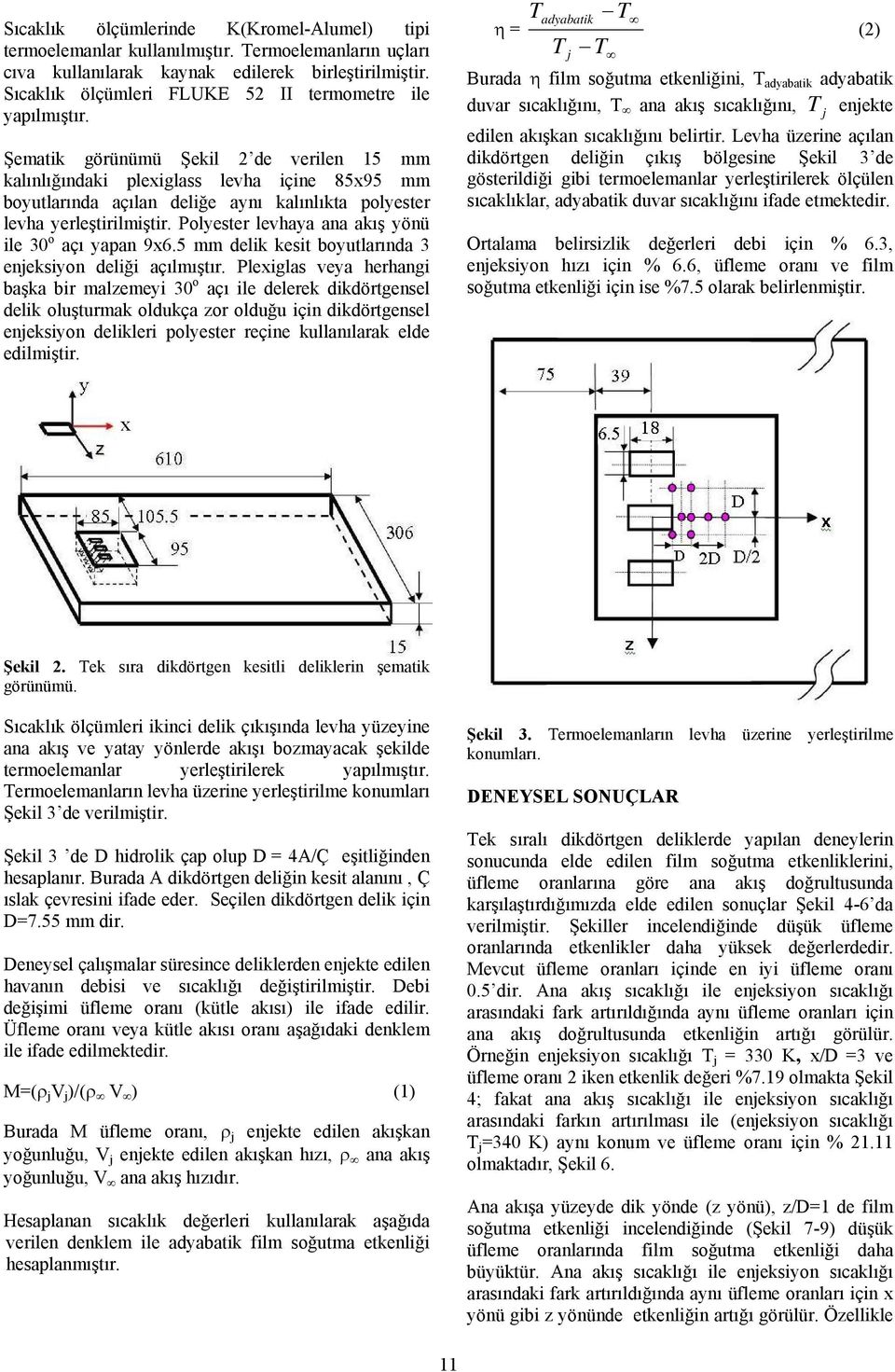 Şematik görünümü Şekil 2 de verilen 15 mm kalınlığındaki plexiglass levha içine 85x95 mm boyutlarında açılan deliğe aynı kalınlıkta polyester levha yerleştirilmiştir.