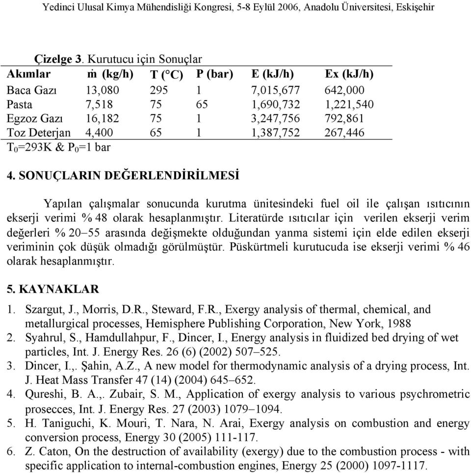 1,387,752 267,446 =293K & P =1 bar 4. SONÇLARIN DĞRLNDİRİLMSİ Yapılan çalışmalar snucunda kurutma üntesndek fuel l le çalışan ısıtıcının ekserj verm % 48 larak hesaplanmıştır.