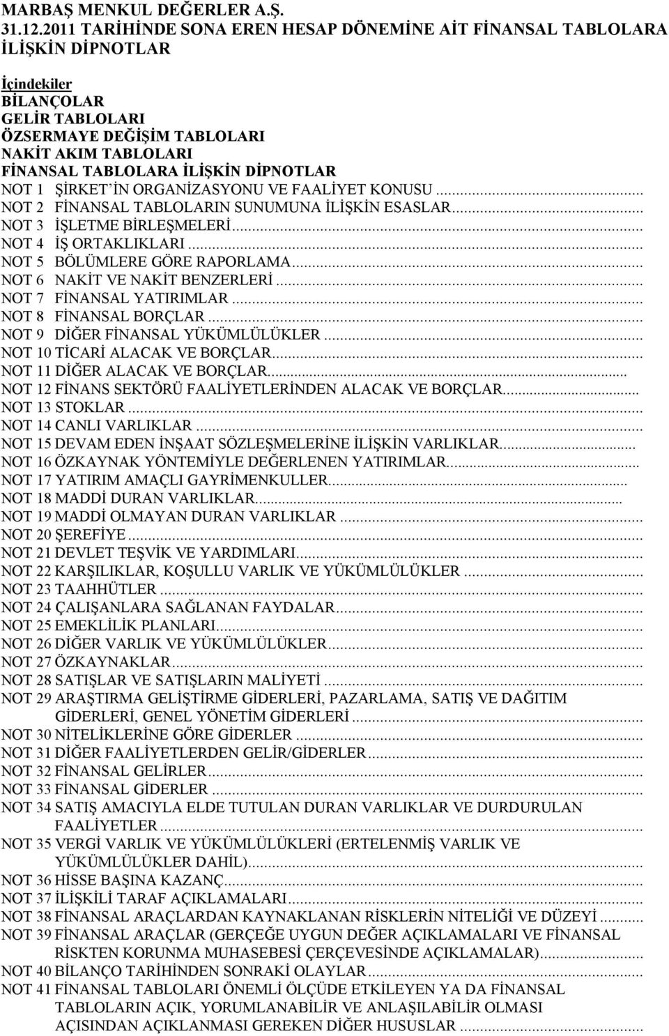 .. NOT 7 FİNANSAL YATIRIMLAR... NOT 8 FİNANSAL BORÇLAR... NOT 9 DİĞER FİNANSAL YÜKÜMLÜLÜKLER... NOT 10 TİCARİ ALACAK VE BORÇLAR... NOT 11 DİĞER ALACAK VE BORÇLAR.