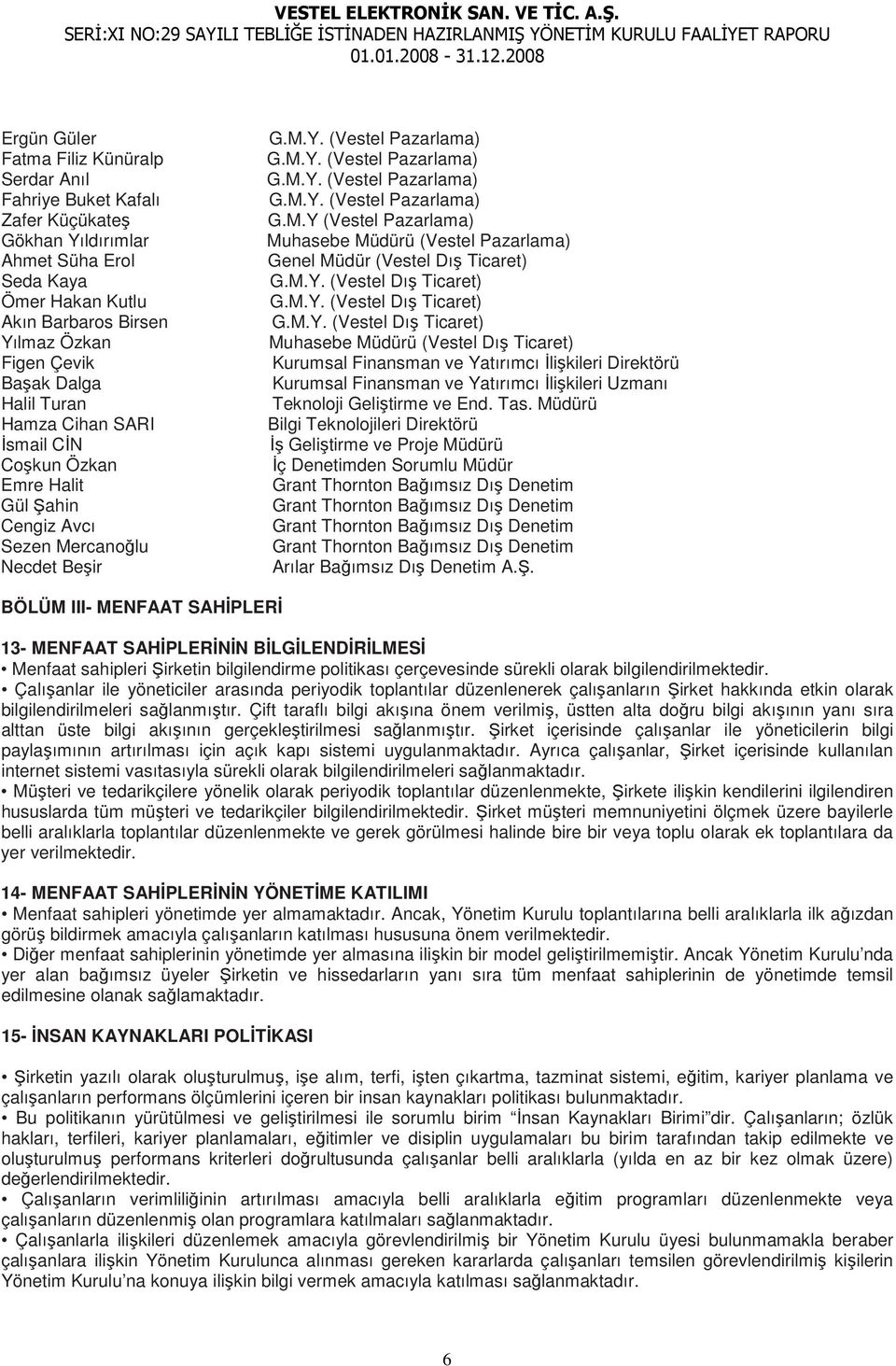 M.Y. (Vestel Dış Ticaret) G.M.Y. (Vestel Dış Ticaret) G.M.Y. (Vestel Dış Ticaret) Muhasebe Müdürü (Vestel Dış Ticaret) Kurumsal Finansman ve Yatırımcı Đlişkileri Direktörü Kurumsal Finansman ve Yatırımcı Đlişkileri Uzmanı Teknoloji Geliştirme ve End.