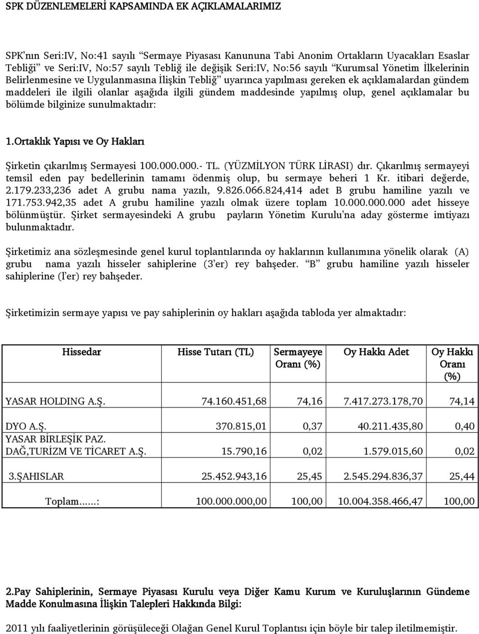 gündem maddesinde yapılmış olup, genel açıklamalar bu bölümde bilginize sunulmaktadır: 1.Ortaklık Yapısı ve Oy Hakları Şirketin çıkarılmış Sermayesi 100.000.000.- TL. (YÜZMİLYON TÜRK LİRASI) dır.